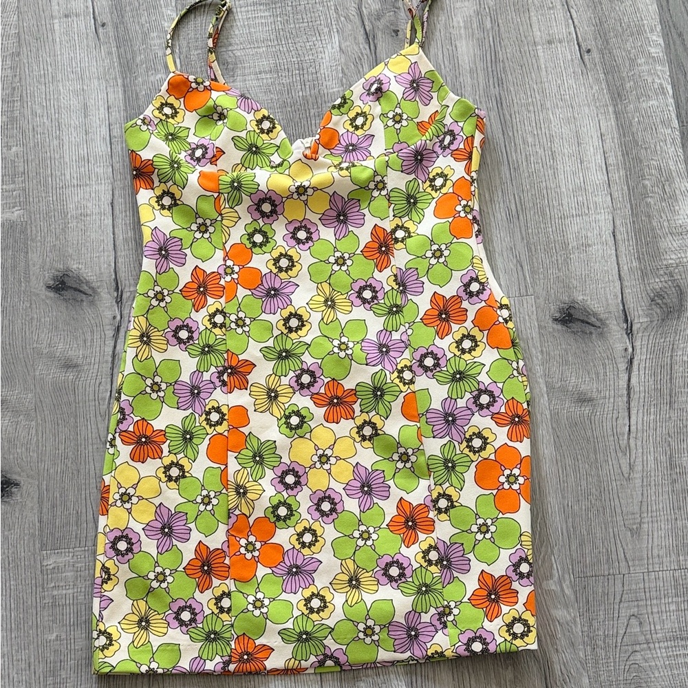 Zara Floral Mini Dress in Orange, Green, and Purple